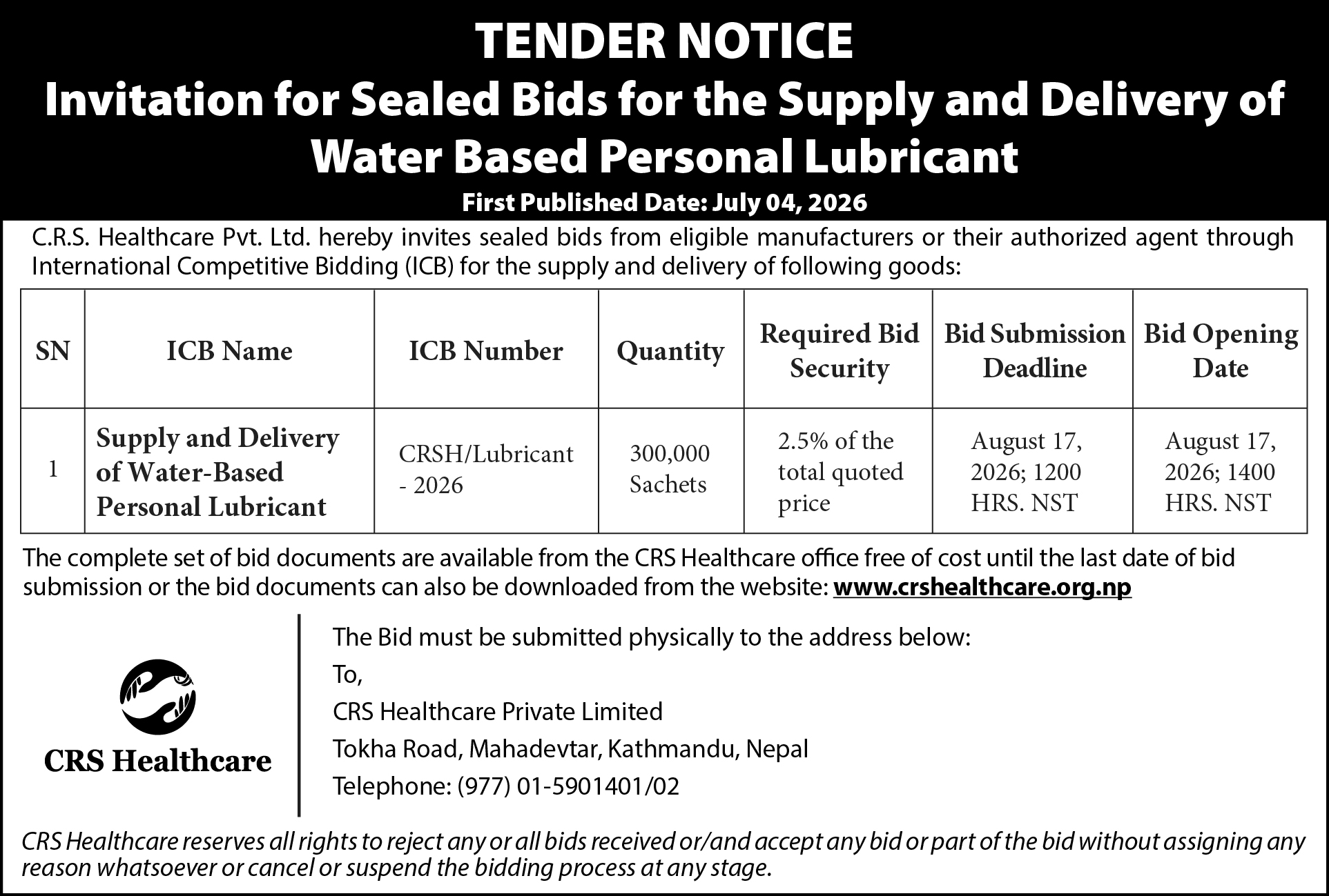 Tender Notice for the Supply and Delivery of Water Based Personal Lubricant